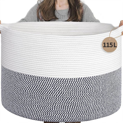INDRESSME 115L Extra Large Cotton Rope Basket, Blanket Basket for Home Decor Living Room Nursery, Toy Storage Baskets for Kids Boys Girls, White & Navy