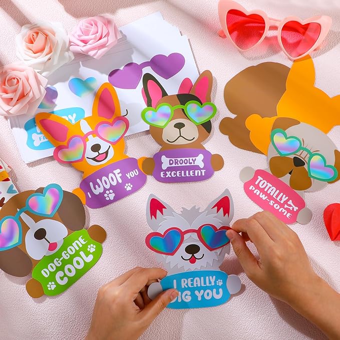 30 Sets Valentine's Day Craft Kit for Kids DIY Valentine Iridescent Cool Dog Magnet Craft Make Your Own Valentine Dog Craft for Valentine's Day Home Classroom Party Favor Game Activities