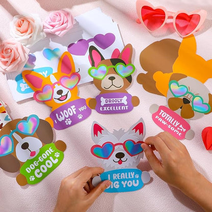 30 Sets Valentine's Day Craft Kit for Kids DIY Valentine Iridescent Cool Dog Magnet Craft Make Your Own Valentine Dog Craft for Valentine's Day Home Classroom Party Favor Game Activities