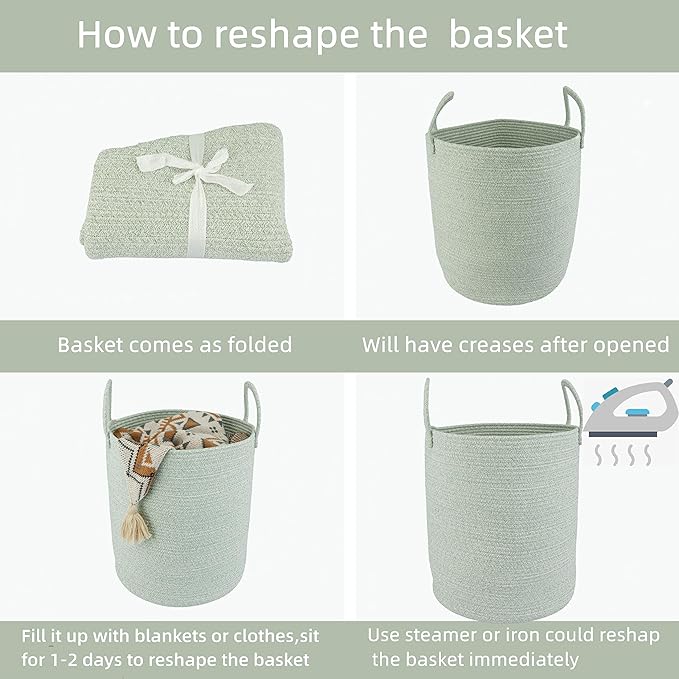 XUANGUO Cotton Rope Laundry Basket Hamper for Clothes Woven Storage Basket for Living Room Bedroom Boho Tall Rope Baskets for Blanket Toys Pillow Towels Baby Nursery Hamper Bin green Large