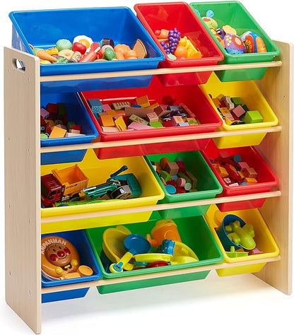 Amazon Basics Kids Toy Storage Organizer With 12 Plastic Bins, Natural Wood, Multicolor, for Bedroom and Playroom, 33.85"D x 12.79"W x 35.42"H