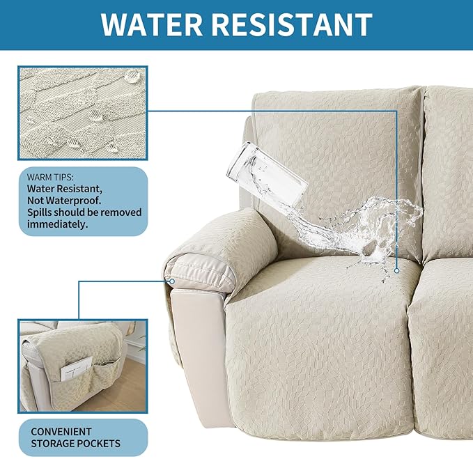 SYSLOON Water Resistant Loveseat Recliner Chair Cover 2 Piceces,Heavy Duty Non Slip Recliner Chair Cover, Washable Recliner Chair Cover, Living Room Recliner Cover with Pocket for Kids,Pets,Beige