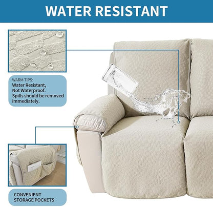 SYSLOON Water Resistant Loveseat Recliner Chair Cover 2 Piceces,Heavy Duty Non Slip Recliner Chair Cover, Washable Recliner Chair Cover, Living Room Recliner Cover with Pocket for Kids,Pets,Beige