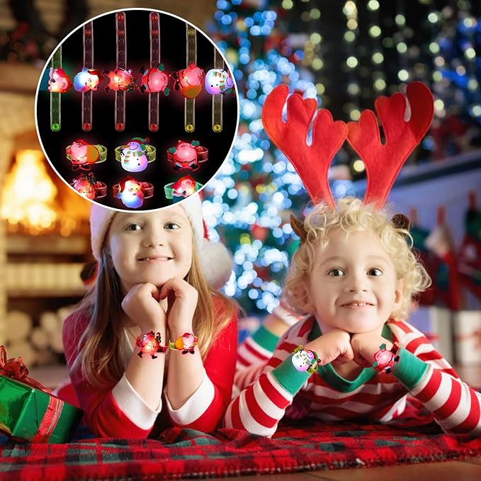 KIMOBER 42PCS Christmas Party Favors for Kids,Glow Rings Necklaces Bracelets,Light Up Xmas Toys Glow in the Dark Party Supplies for Christmas Candy Bag Fillers Party Decorations