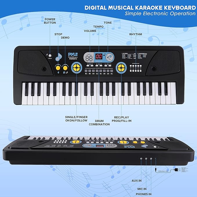 Electric Keyboard Piano 61 Keys - Portable Digital Musical Karaoke Piano Keyboard -10 Rhythms 16 Tones, Stereo Speakers, Rechargeable Battery - Wired Microphone - Beginners Kids Adult - Pyle PKBRD6112
