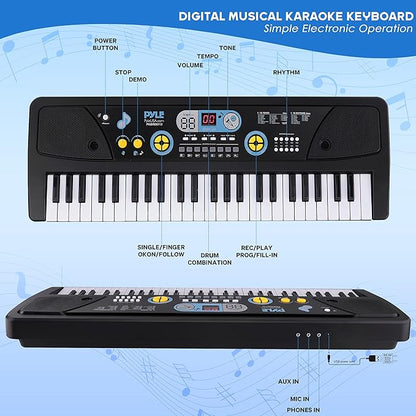 Electric Keyboard Piano 61 Keys - Portable Digital Musical Karaoke Piano Keyboard -10 Rhythms 16 Tones, Stereo Speakers, Rechargeable Battery - Wired Microphone - Beginners Kids Adult - Pyle PKBRD6112