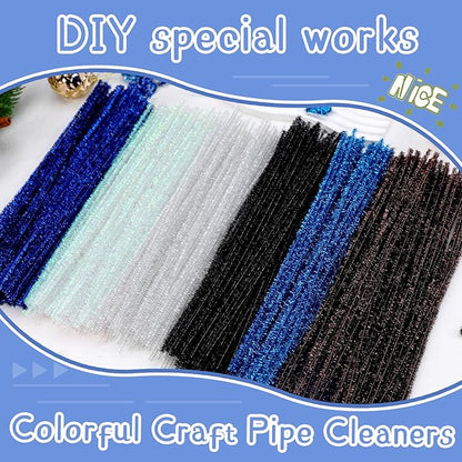 Hssugi Pipe Cleaners, 100PCS Christmas Pipe Cleaners Craft Supplies, Glitter Lake Blue Pipe Cleaners Bulk Fuzzy Sticks for DIY Art and Craft Projects Home Decoration
