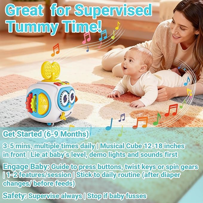 MoraBaby Robot Musical Busy Cube for Toddlers 1-3 Years Old, Montessori 6-in-1 Activity Cube with Lights & Sounds, Wheels for Tummy Time & Crawling Training, Birthday Gifts for Baby boy & Girl