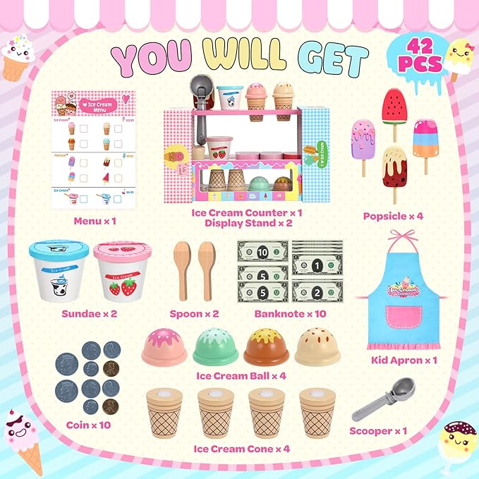 INNOCHEER Ice Cream Toy, Wooden Ice Cream Play Set, Pretend Play Kitchen Toys, Ice Cream Toys for Toddlers, Ice Cream Cart Play Store, Gifts Toys for 3 4 5 6 7 8+ Year Old Girls Boys