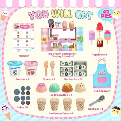 INNOCHEER Ice Cream Toy, Wooden Ice Cream Play Set, Pretend Play Kitchen Toys, Ice Cream Toys for Toddlers, Ice Cream Cart Play Store, Gifts Toys for 3 4 5 6 7 8+ Year Old Girls Boys