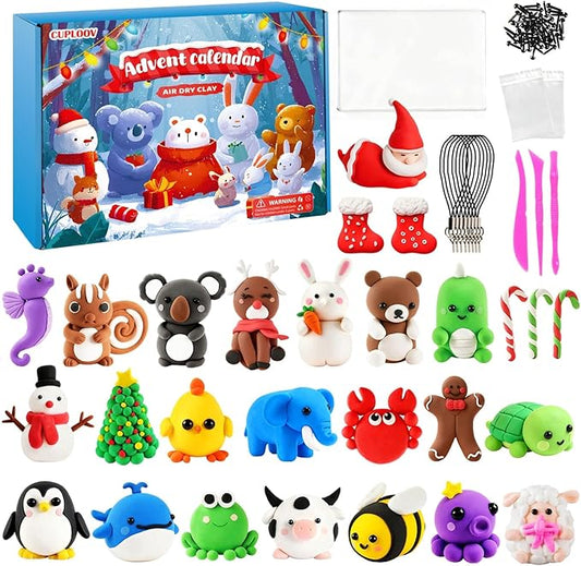 Advent Calendars 2025 Kids, 24 Days Christmas Countdown Calendars DIY Air Dry Modeling Clay for Kids, Assorted Colors Polymer Clay Kit with Sculpture Tools, Best Christmas Gifts for Chidren Boys Girls