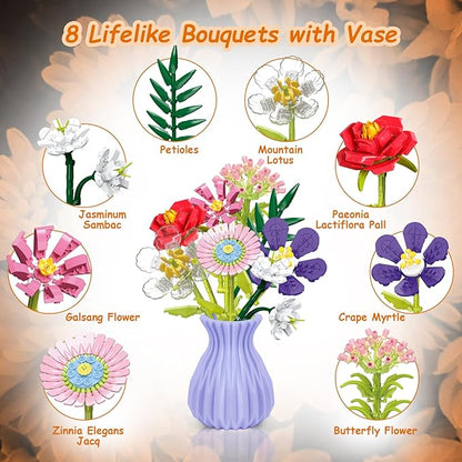 Flowers Bouquet Building Set with Vase, 8 Artificial Flowers Bouquet Set for Adults, Kids, Boys, Girls, Idea Gifts for Mother's Day, Birthdays, Creative DIY Plant Bouquet Decoration Botanical, 730PCS