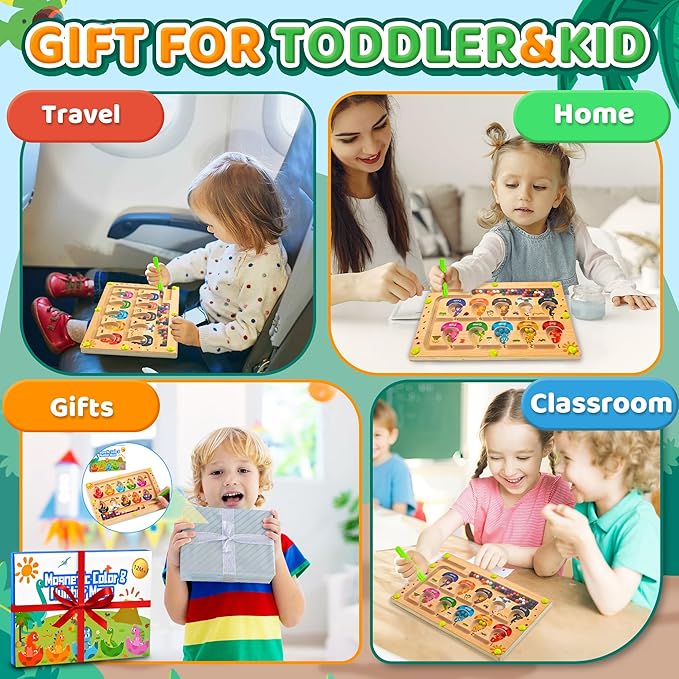 Montessori Toys Busy Board Travel Toys for Toddlers Kids Wooden Magnetic Color and Number Maze Puzzle, Dinosaur Learning Education Toys for Fine Motor Skills, Easter Basket Stuffers (Small)