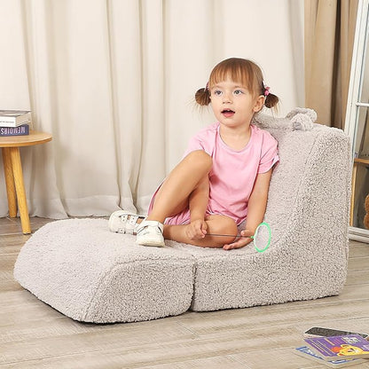 Cuddly Soft Toddler Couch with Cute Bear Ears, Kids Sherpa Lounge Sofa for Boys and Girls, Light Grey