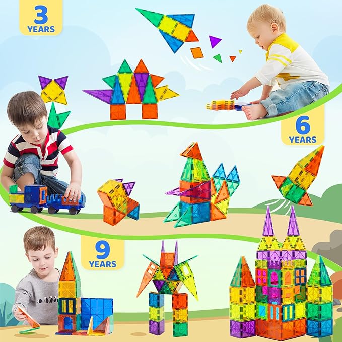 Bmag 130PCS Magnetic Tiles Building Blocks with 2 Cars | 3D Clear Magnet Blocks | STEM Preschool Toys for 3-9+ Kids | Christmas & Toddler Gift | Compatible with Major Brands