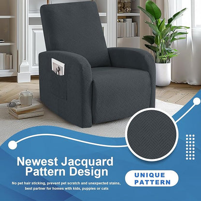 JIVINER 3 Piece Small Recliner Covers for Large Recliner with Pockets Stretch Jacquard Lazy Boy Reclining Couch Cover Soft Furniture Couch Protector with Elastic Bottom (1 Seater Small, Dark Gray)