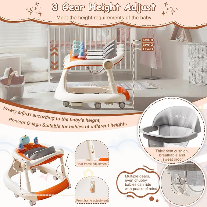 Baby Walker with Wheels, 5-in-1 Foldable Baby Walker for Boys and Girls 7-18 Months with Adjustable Height Detachable Seat and Music Tray Baby Activity Walker, Anti-Fall Activity Center for Boys Girls