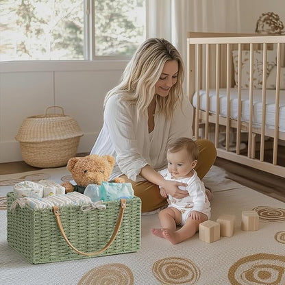 HBlife Large Baby Diaper Caddy Organizer Green, Paper Rope Storage Baskets Nursery Bin with Removable Divider, Portable Car Organizer for Diapers, Baby Shower Gifts, Newborn Essentials Must Haves