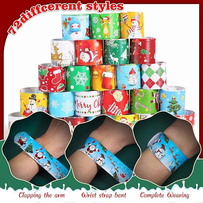 LUYI 60 PCS Christmas Slap Bracelets, Christmas Party Favors Toys for Kids Xmas Slap Wristbands Snap Bracelets Bulk for Christmas Stocking Stuffers Decoration Gifts Bag Filler