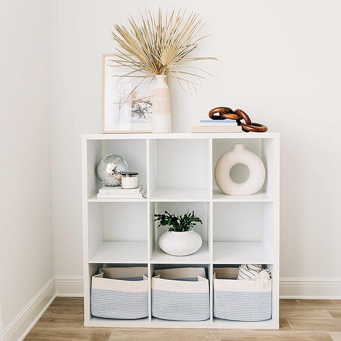 OrganiHaus Rope Baskets for Shelves - Set of 3 Woven Storage Baskets for Organizing, Closet & Toy Storage - Blue/White - 15x9x10