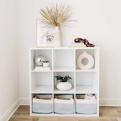 OrganiHaus Rope Baskets for Shelves - Set of 3 Woven Storage Baskets for Organizing, Closet & Toy Storage - Blue/White - 15x9x10