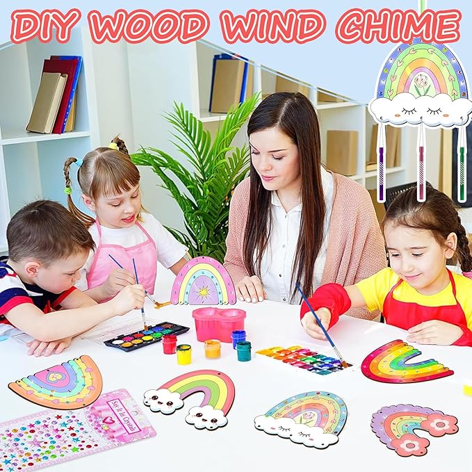 12 Pack Rainbow Wind Chime Kits DIY Wind Chime Crafts Make Your Own Wind Chimes DIY Coloring Wooden Art and Craft Gift for Girls Boys Spring Summer Home Classroom Party Activity Art Project