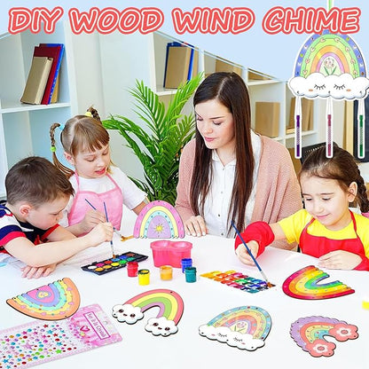 12 Pack Rainbow Wind Chime Kits DIY Wind Chime Crafts Make Your Own Wind Chimes DIY Coloring Wooden Art and Craft Gift for Girls Boys Spring Summer Home Classroom Party Activity Art Project