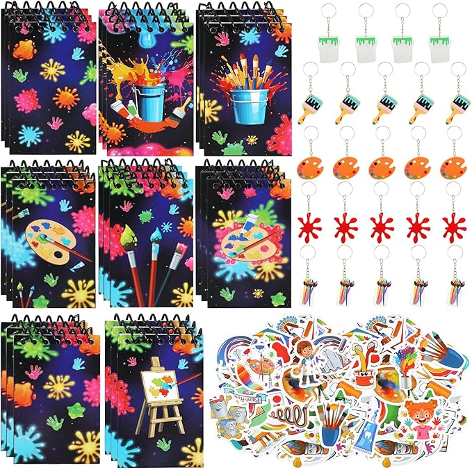 49Pcs Art Paint Party Supplies Art Paint Party Favor 24 Paint Splatter Notepads 24 Keychains Stickers Neon Paint Party Decorations Colorful Graffiti Art Painting Birthday Gifts Rewards