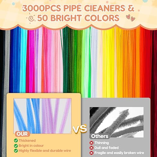 3000 PCS Pipe Cleaners, Pipe Cleaners Bulk 50 Colors, Chenille Stems for Flowers DIY Art Creative Crafts Decorations Colorful Thick Pipe Cleaners Craft Supplies for Christmas Halloween Birthday Gift