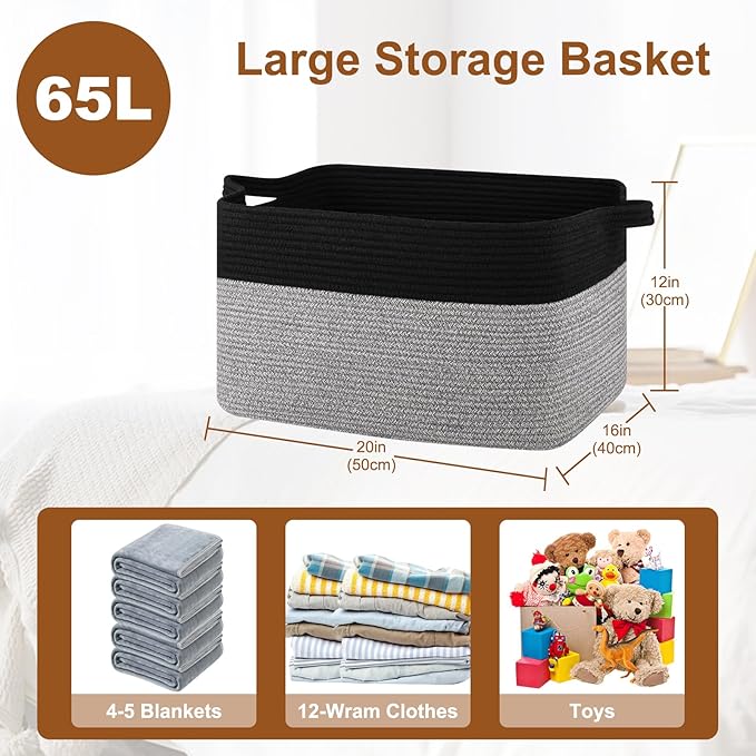OIASKET Blanket Basket for Living Room, Woven Cotton Rope Basket for Storage Clothes, Towels, Pillows, Toy Storage Bin for kids with Handles, 20" x 16" x 12", Black and Grey