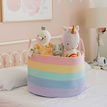 OrganiHaus Rainbow Blanket Basket for Classroom & Nursery, Extra Large Woven Laundry Basket w/Handles, Kids Toy Organizer & Storage, Soft Round Dog Toy Storage Bin, Cute Bin - 20"x13" in