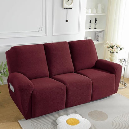 JIVINER 8-Piece Recliner Sofa Covers Stretch Jacquard Couch Covers for Recliner Slipcovers for Living Room 3 Cushion Soft Recliner Protector with Pocket (Sofa Recliner, Wine Red)