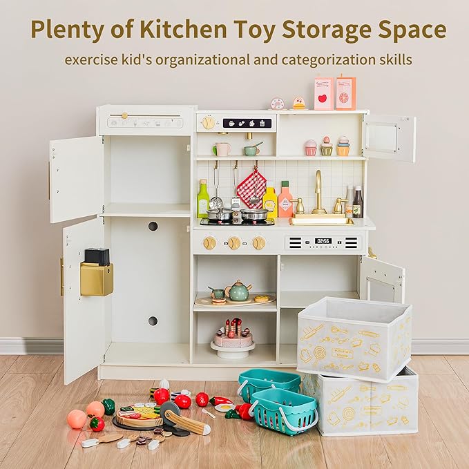 Play Kitchen Sets for Kids Ages 4-8 Pretend Wooden Kids Kitchen Playset Toy Kitchen with Real Sound& Light &Toy Storage System&12 Pcs Toddler Kitchen Accessories, for Boys and Girls,White Gold