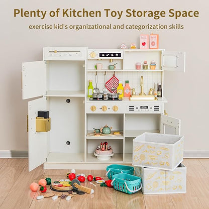 Play Kitchen Sets for Kids Ages 4-8 Pretend Wooden Kids Kitchen Playset Toy Kitchen with Real Sound& Light &Toy Storage System&12 Pcs Toddler Kitchen Accessories, for Boys and Girls,White Gold