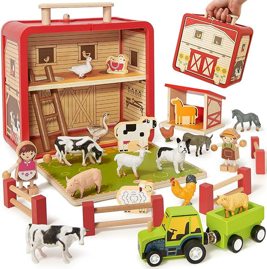 Toyssa Wooden Barn Farm Animals Toys for Toddlers 3-6 with Storage Box & Magnetic Tractor, Preschool Montessori Educational Learning Toys , Christmas Birthday Gift for Boys Girls Kids 2 3 4 5 6