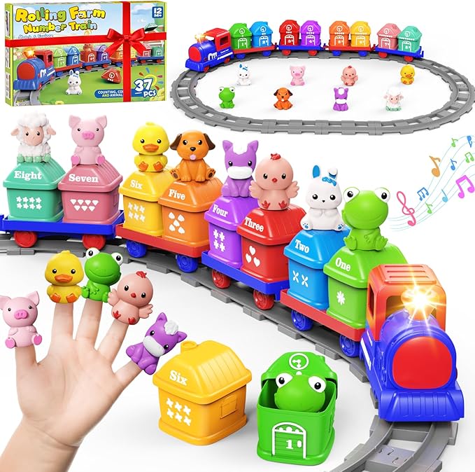 Train Set for Toddlers 2-4, Electric Toy Train with Farm Animals & Music & Lights, Montessori Counting & Sorting Learning Toys for 1 2 3 Year Old Boys Girls, Christmas Easter Birthday Gift