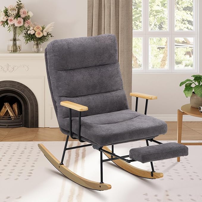 Rocking Chair with Footrest-Glider Rocker Chair with Retractable Footrest and Adjustable Backrest, Teddy Upholstered Rocking Chair, Modern Accent Chair for Living Room/Nursery/Bedroom/Outdoor-Grey