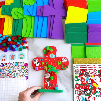 Winlyn 18 Sets Christmas Craft Kits DIY Christmas Stand-up Cross Decorations Art Sets Snowman Snowflake Christmas Foam Stickers Arts and Crafts for Kids Party Classroom Sunday School VBS Activities
