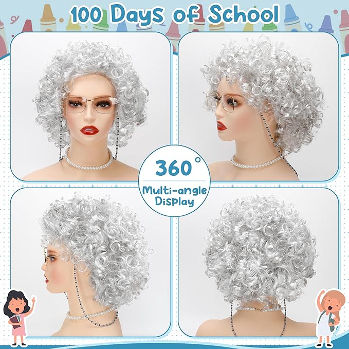 100th Day of School Costume for Girls, Old Lady Cosplay Silver Curly Wig Glasses Wig Cap Pearl Necklace Bracelet Accessories
