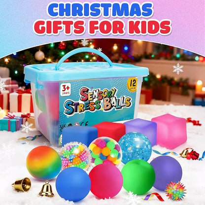 Stress Balls Fidget Sensory Toys: 12 Pack Squishy Stress Balls for Kids 3-12 - Hand Therapy Sensory Ball with Nervousness Pressure Relief - Squeeze Stress Toys Bulk - Classroom Prize Gift for Student
