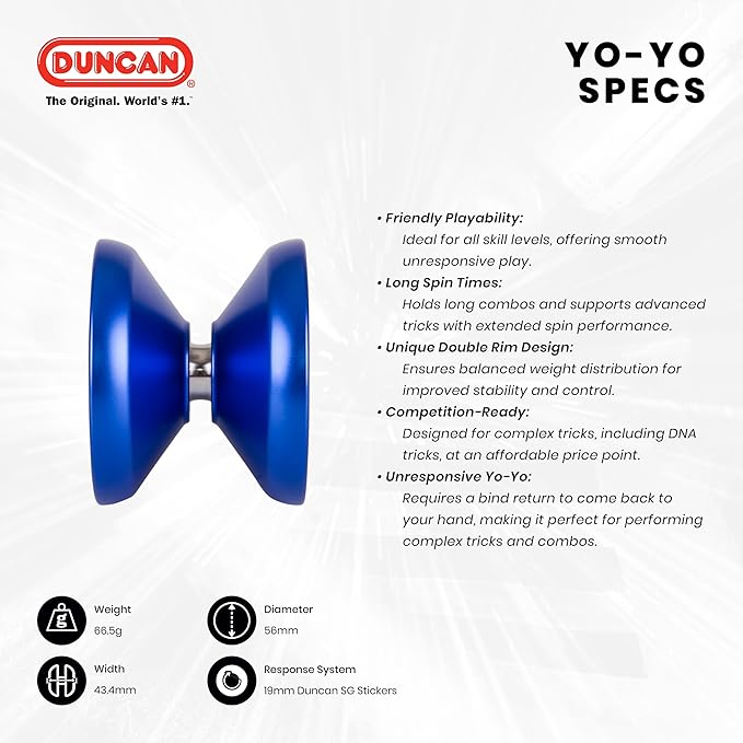 Duncan Toys Windrunner Yo-Yo [Red with Blue and Gold Splash] - Unresponsive Pro Level Aluminum Yo-Yo with Double Rim, Concave Bearing, SG Sticker Response