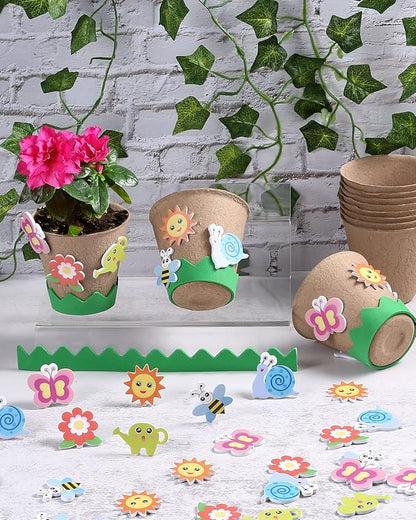 Ayfjovs Garden Paper Pot Craft Kit 15 Pack Flower Plant Spring Craft with 105 PCS Adhesive Foam Stickers and 15 PCS Paper Mache Pots, Flower Planting Growing Kit Science and Garden for Kids