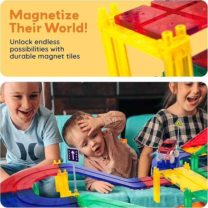 PicassoTiles 100 PCs Race Car Track Set Magnetic Toy Building Block with 2 LED Cars with Height Adjustable Roads Signs Education STEM Building Kit Learning Construction Fun for Boys & Girls Ages 3+
