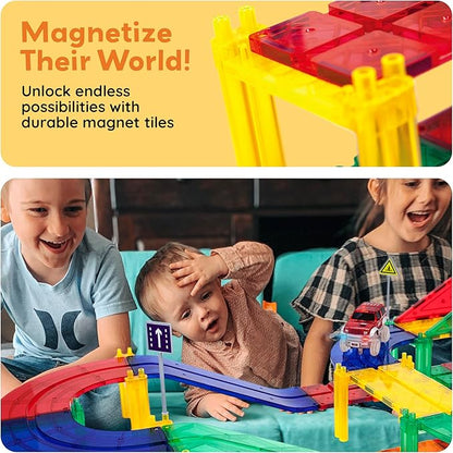 PicassoTiles 100 PCs Race Car Track Set Magnetic Toy Building Block with 2 LED Cars with Height Adjustable Roads Signs Education STEM Building Kit Learning Construction Fun for Boys & Girls Ages 3+