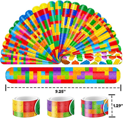 48PCS Building Block Party Favors - 24PCS Tattoos & 24PCS Slap Bracelets - Birthday Party Supplies, Classroom Prizes, Carnival Gifts, Christmas Decorations for Boys & Girls