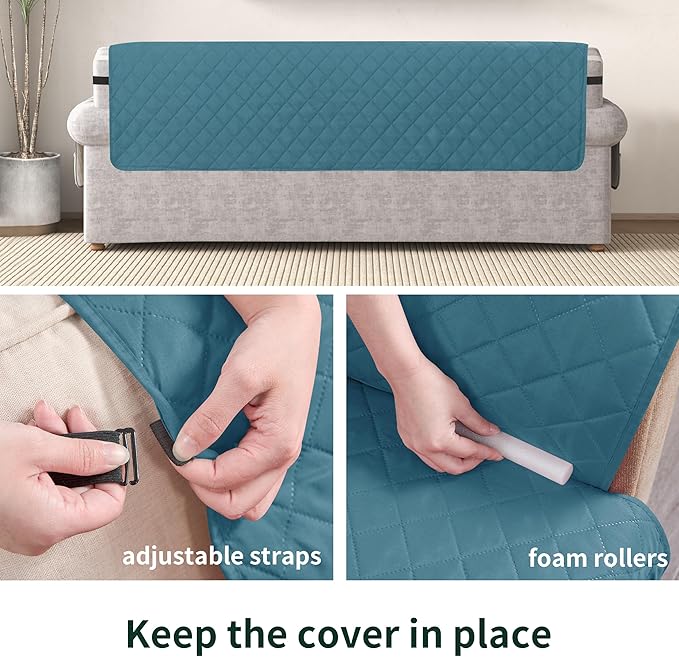 CHUN YI Couch Cover, Water Resistant Slipcover for 3 Cushion Sofa, Washable Sofa Cover with Adjustable Strap Storage Pocket for Living Room Dog Pet (Sofa, Blue)