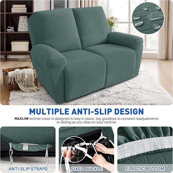 MAXIJIN Waterproof Loveseat Recliner Cover 4 Pieces Reclining Love Seat Slipcvers, Recliner Sofa Cover 2 Seater with Elastic Straps & Pockets for Pet, Kids (Loveseat Recliner, Pea Green)