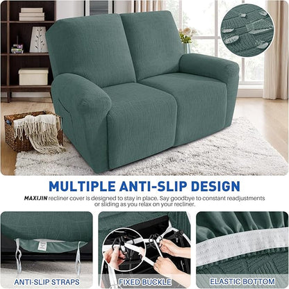 MAXIJIN Waterproof Loveseat Recliner Cover 4 Pieces Reclining Love Seat Slipcvers, Recliner Sofa Cover 2 Seater with Elastic Straps & Pockets for Pet, Kids (Loveseat Recliner, Pea Green)