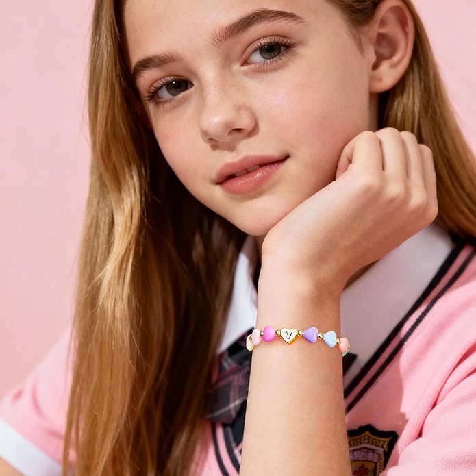 Mothers Day Gifts for Young WomenTeen Girls Kids, Initial Heart Bracelets for Little Girls Bulk, Cute Preppy Letter A-Z Charm Bracelet, Colorful Personalized 3-18 Year Old Birthday Gifts for Mom, Ganddaughter, Sisters, Toddler