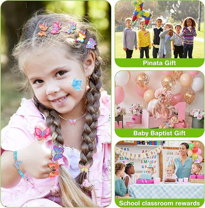 Ecally 171 Pcs Butterfly Party Favors for Girls Butterfly Keychain Hairpins Stickers Bracelet Ring Necklace Tattoo Straws Plastic Cups with Dome Lids Tag for Kids Butterfly Birthday Party Supplies